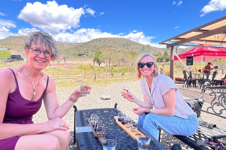 Two women sitting outdoors enjoying a wine tasting with scenic hills in the background.
