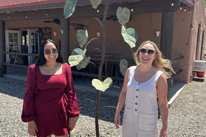 Two individuals standing beside a large metal sunflower sculpture in front of a rustic building.