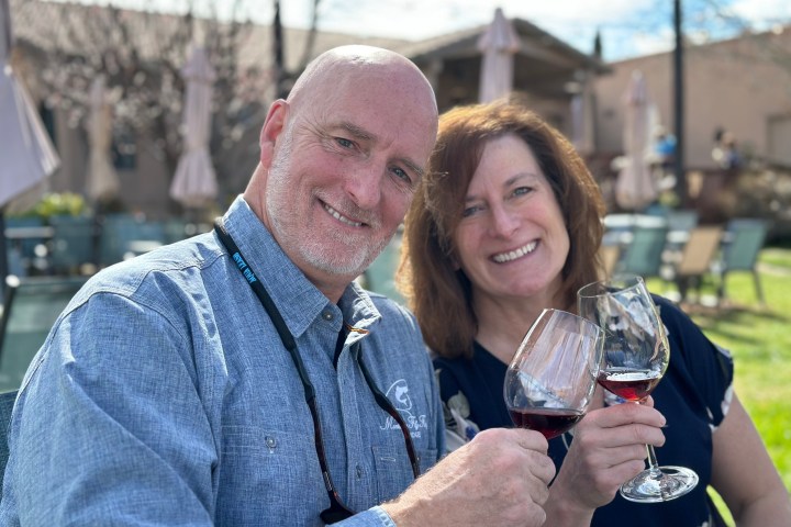 Smiling couple toasting with wine outdoors in sunny garden setting.