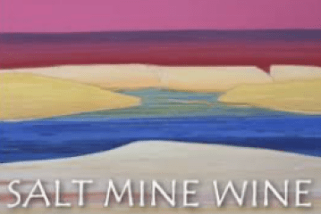 Abstract landscape with desert and blue river, text 'Salt Mine Wine' at bottom.