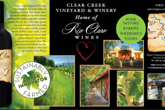 Advertisement for Clear Creek Vineyard & Winery featuring images of vineyards and a building, promoting wine tasting.