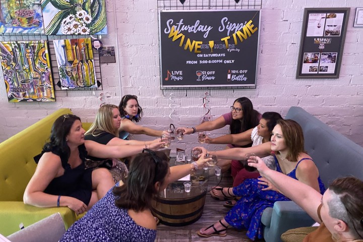 Group of people clinking glasses at a wine-themed gathering on a sofa.