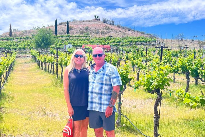 Couple posing in a sunny vineyard with a clear blue sky.
