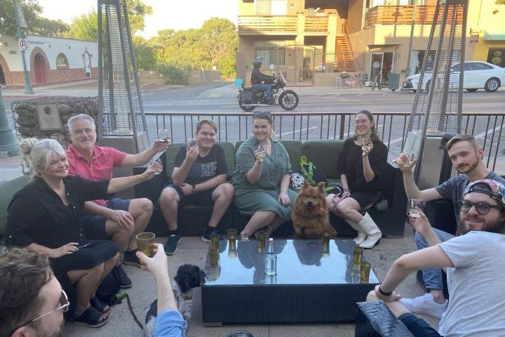 A group of people sitting outdoors on a patio, raising glasses in a toast with a dog on the sofa.