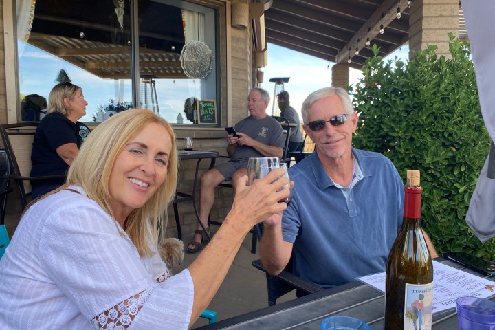 Two people clinking glasses at an outdoor cafe, wine bottle on table.