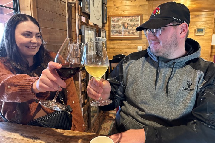 Two people toasting with red and white wine in a wooden cabin-like setting.