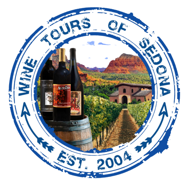 Logo of Wine Tours of Sedona with bottles, vineyard, and red rocks.