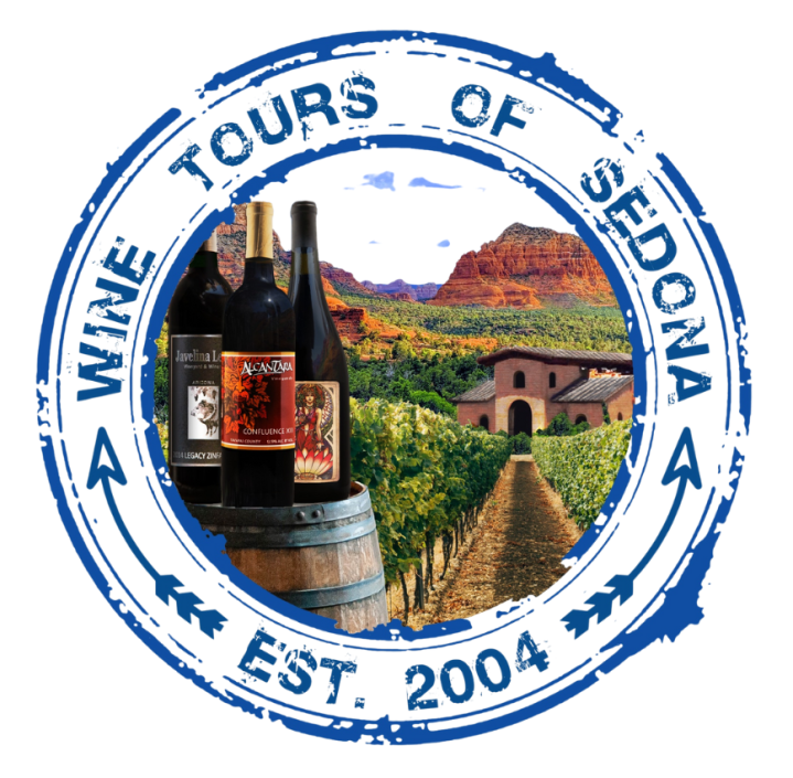 Logo of Wine Tours of Sedona with bottles, vineyard, and red rocks.