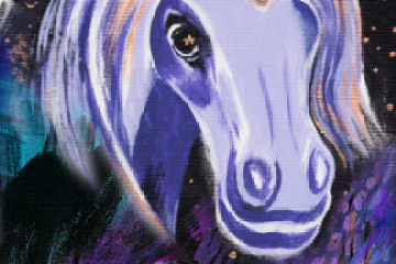 Colorful unicorn with starry night background and crescent moon.