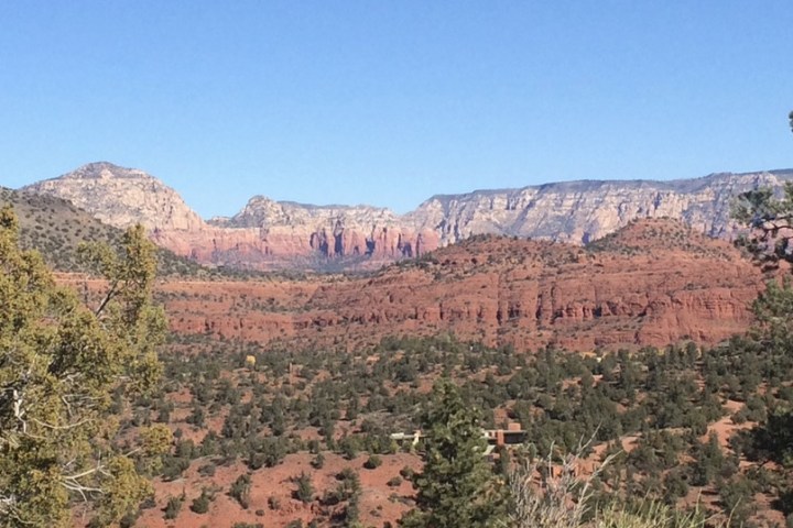 Red rock canyon landscape with scattered trees under a clear blue sky.