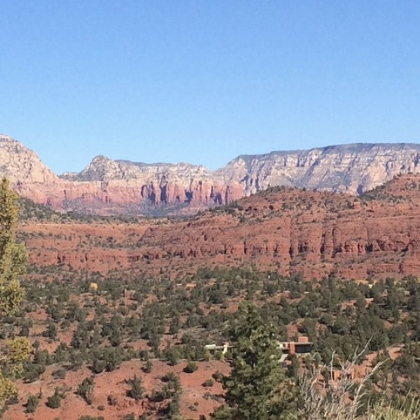 Red rock canyon landscape with scattered trees under a clear blue sky.