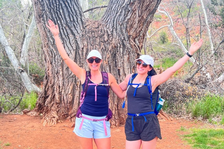 Two women in sportswear pose with arms raised in front of a large tree trunk in a forest.