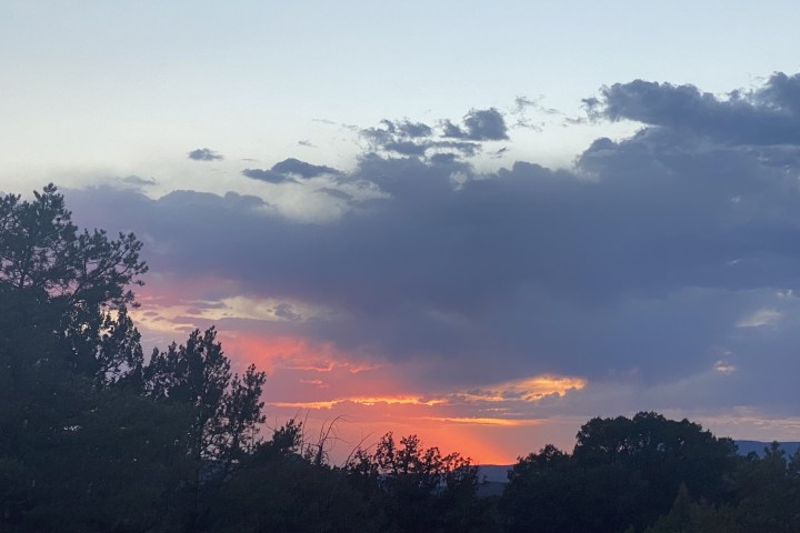 Sunset over trees with clouds and vibrant orange and pink hues in the sky.