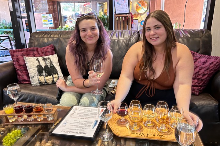Two people sitting on a sofa holding wine glasses with a tasting set on the table.