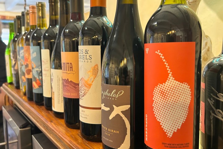 Row of assorted wine bottles on a wooden shelf under a turquoise lamp.