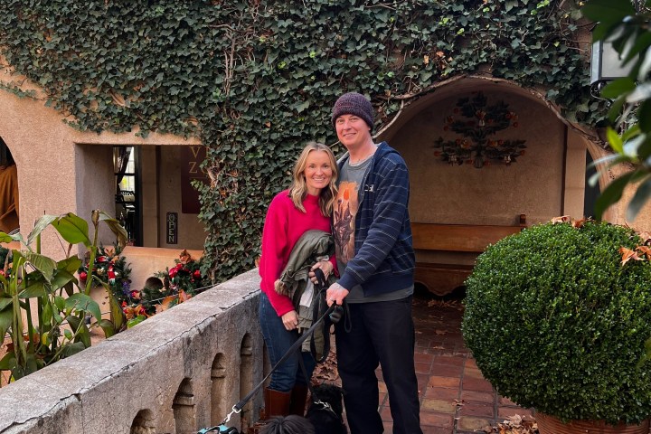 Two people standing on a terrace with two dogs, surrounded by autumn leaves and ivy-covered wall.