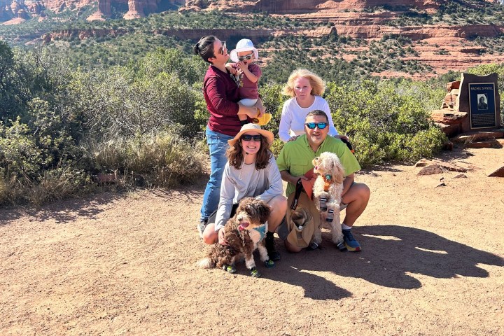 Group of people with two dogs in front of red rock formations under a clear blue sky.