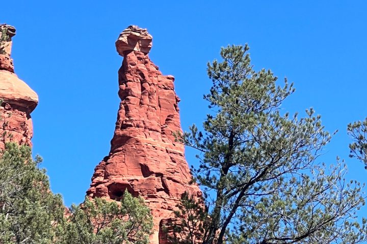 Tall red rock pillar with trees in the foreground under a clear blue sky.