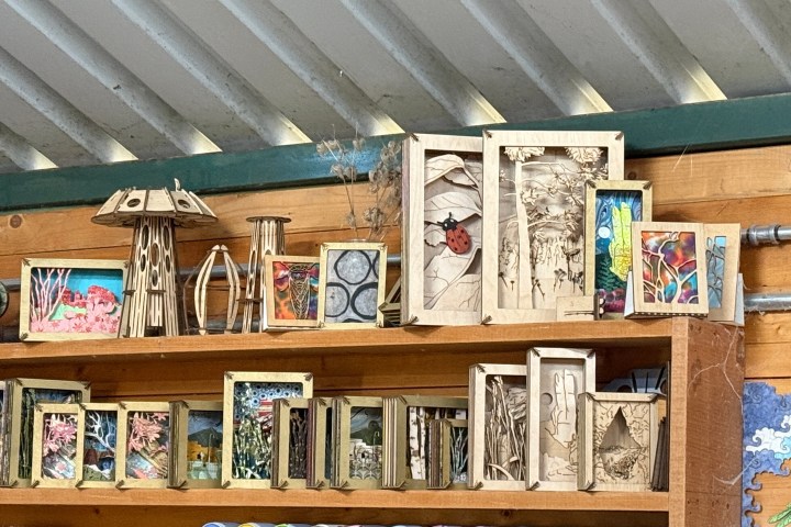 Wooden shelves displaying colorful framed art and wooden sculptures.