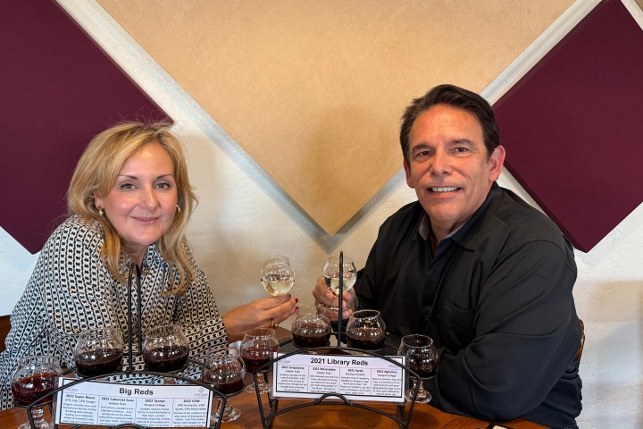 Two people seated at a table with wine glasses, smiling and holding drinks.