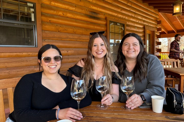 Three women smiling and holding wine glasses at a wooden table on a lodge deck.
