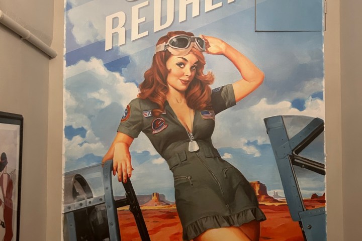 Pin-up art of a woman in military attire with 'Sassy Redhead' text on a plane background.