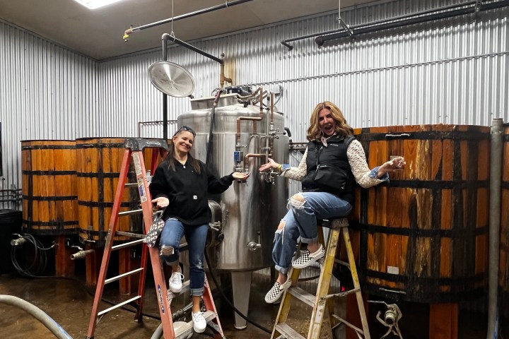 Two people on ladders in a distillery, surrounded by wooden barrels and metal tanks.