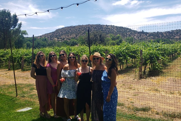 Group of women standing in front of vineyard, wearing sunglasses and summer dresses.