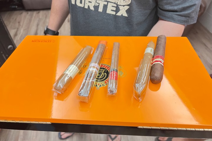 Five wrapped cigars on an orange box lid held by a person in a Vortex shirt.