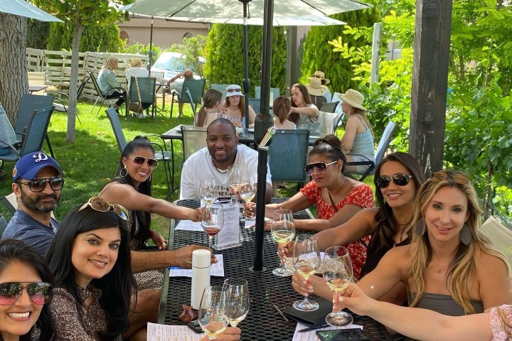 Group of people toasting with wine at an outdoor table under umbrellas.