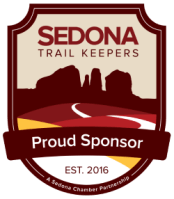 Sedona Trail Keepers badge with silhouette of red rocks, 'Proud Sponsor,' and 'Est. 2016' text.