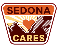 Sedona Cares logo with heart, mountains, and sun rays.