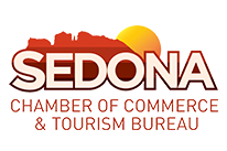 Sedona logo with sun and red rock silhouette, text: 'Chamber of Commerce & Tourism Bureau.'