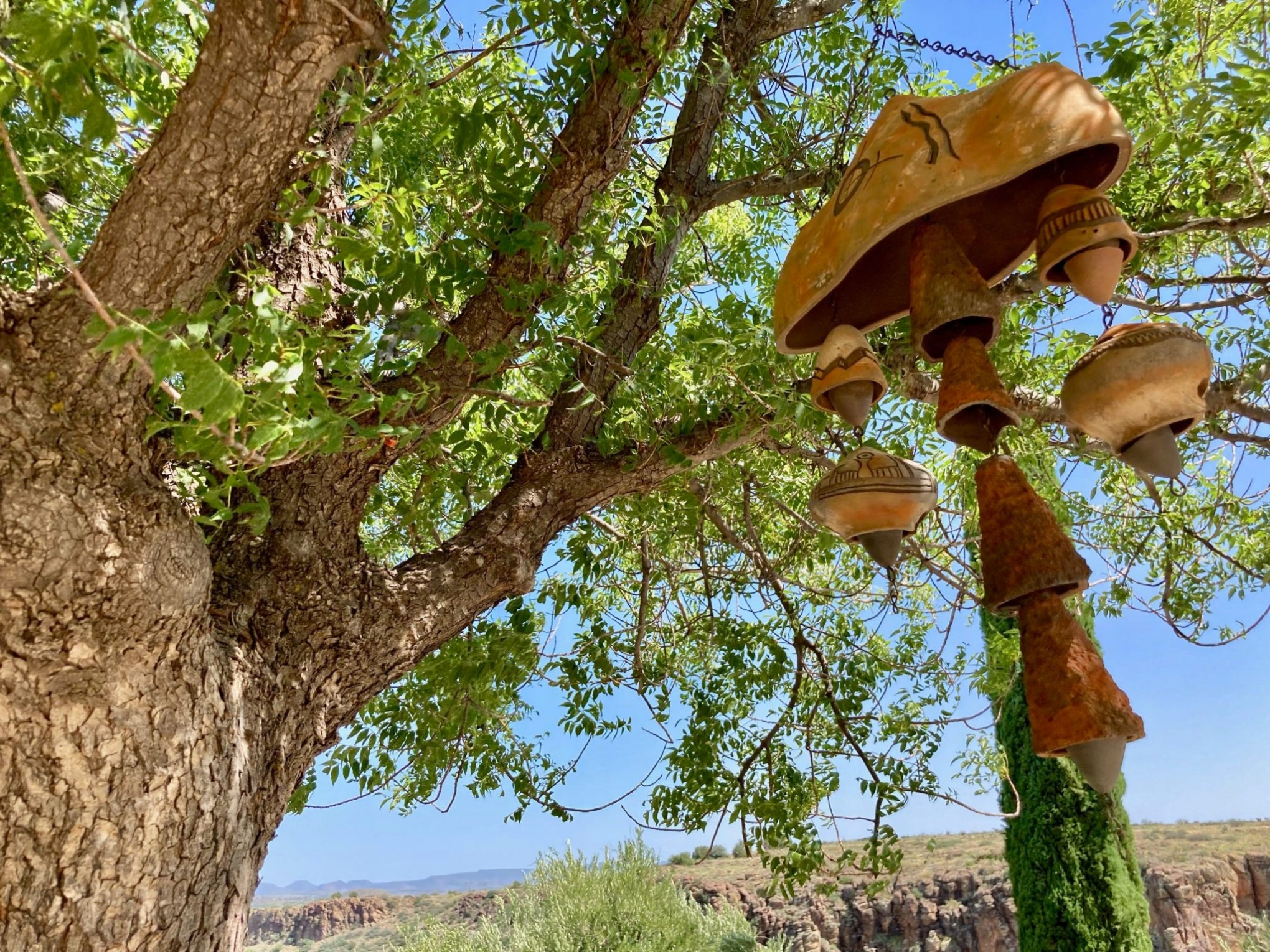 Clay wind chimes hanging from a tree with green leaves and a clear blue sky.
