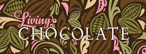 Text 'Living Chocolate' over a floral and leaf pattern in brown, green, and pink hues.
