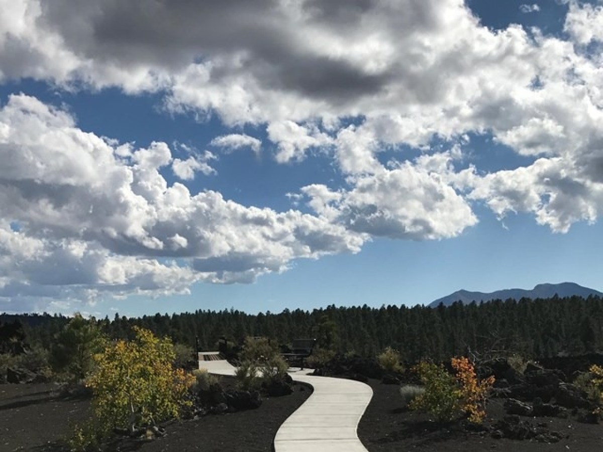 Curved pathway through volcanic landscape with cloudy sky and distant mountains.