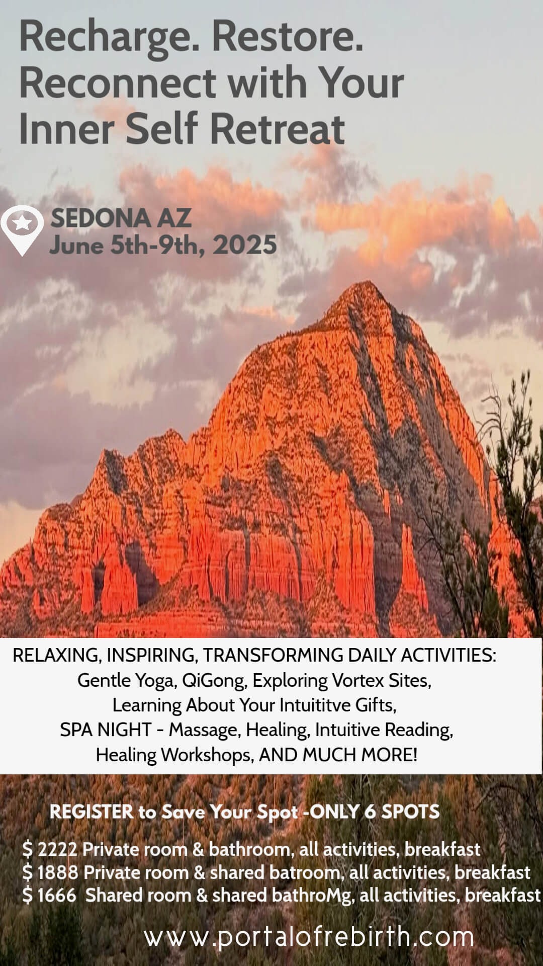 Flyer for Inner Self Retreat in Sedona, June 5-9, 2025, with pricing and activity details.