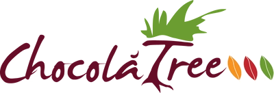 Logo with the word 'ChocolàTree' and green leaf, colored leaves decoration.