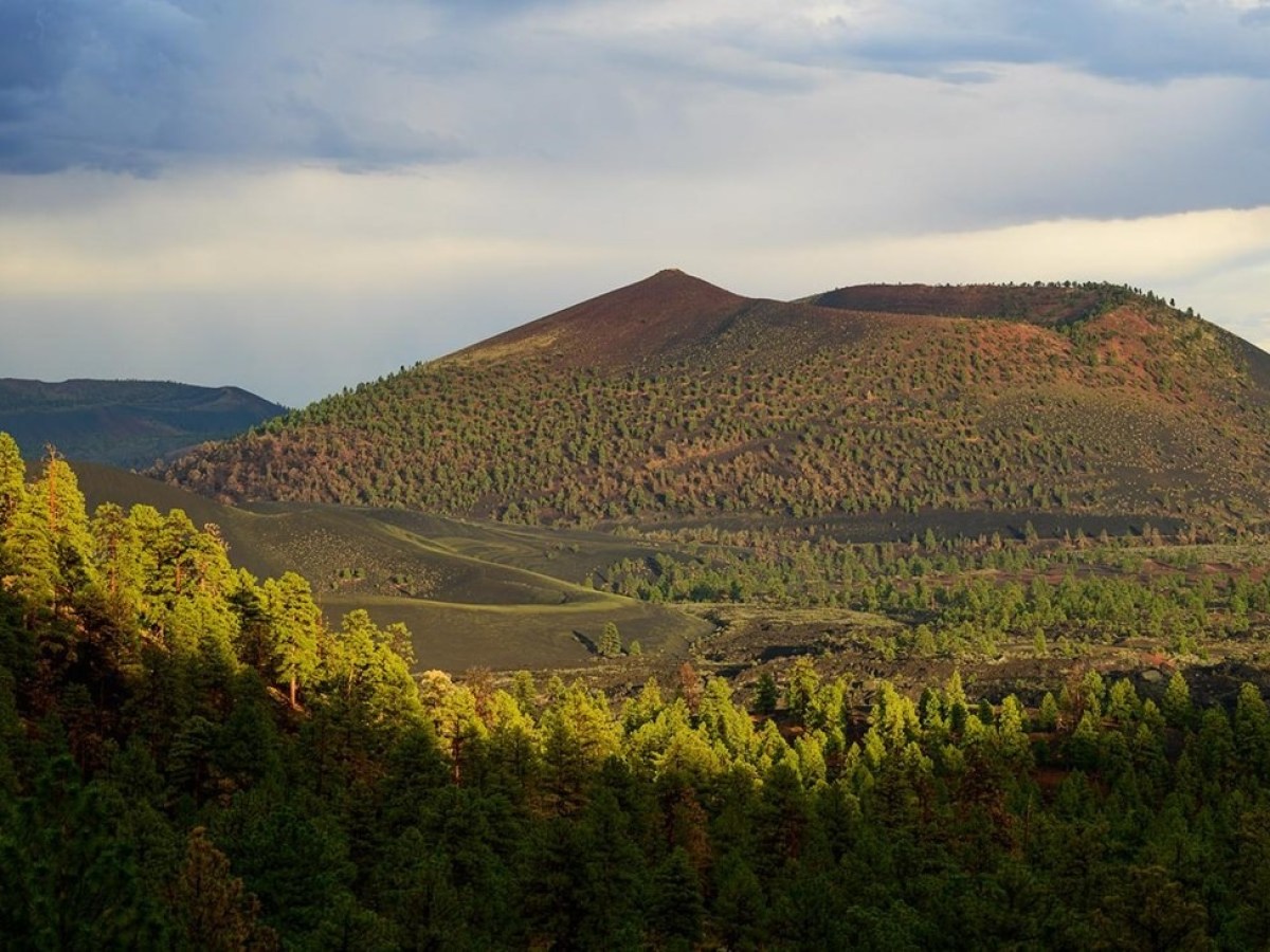 Mountain with trees and a cloudy sky in the background, illuminated by sunlight.