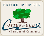 Proud Member logo, Cottonwood Chamber of Commerce with tree graphic.