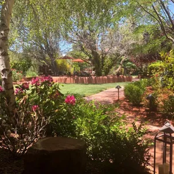 Lush garden with trees, flowers, a pathway, and a lantern, under bright sunlight.