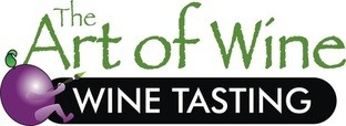Logo with text 'The Art of Wine' and 'Wine Tasting' featuring a grape character.