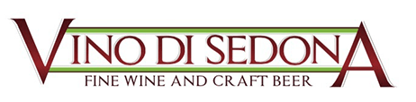 Vino Di Sedona logo with text 'Fine Wine and Craft Beer' in burgundy and green.